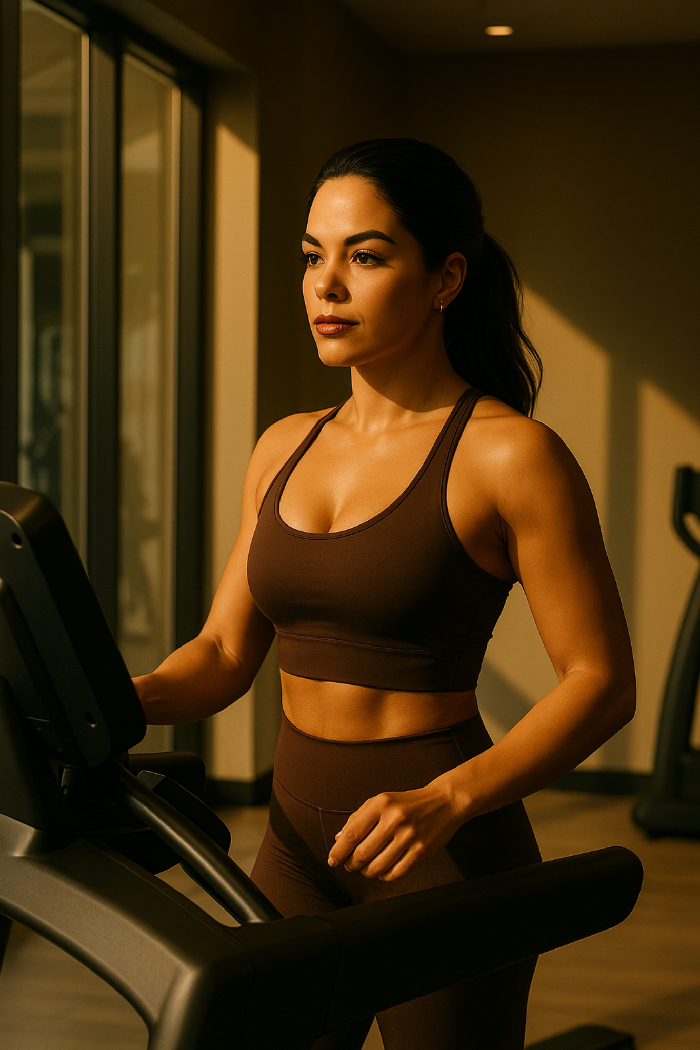 Luisa treinando na esteira representando transformação